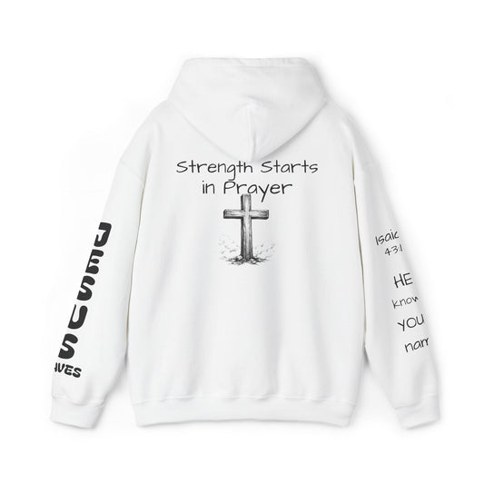 Strength Starts in Prayer Hoodie — Christian Cross Faith Sweatshirt ("Where Prayer Lives" Design)