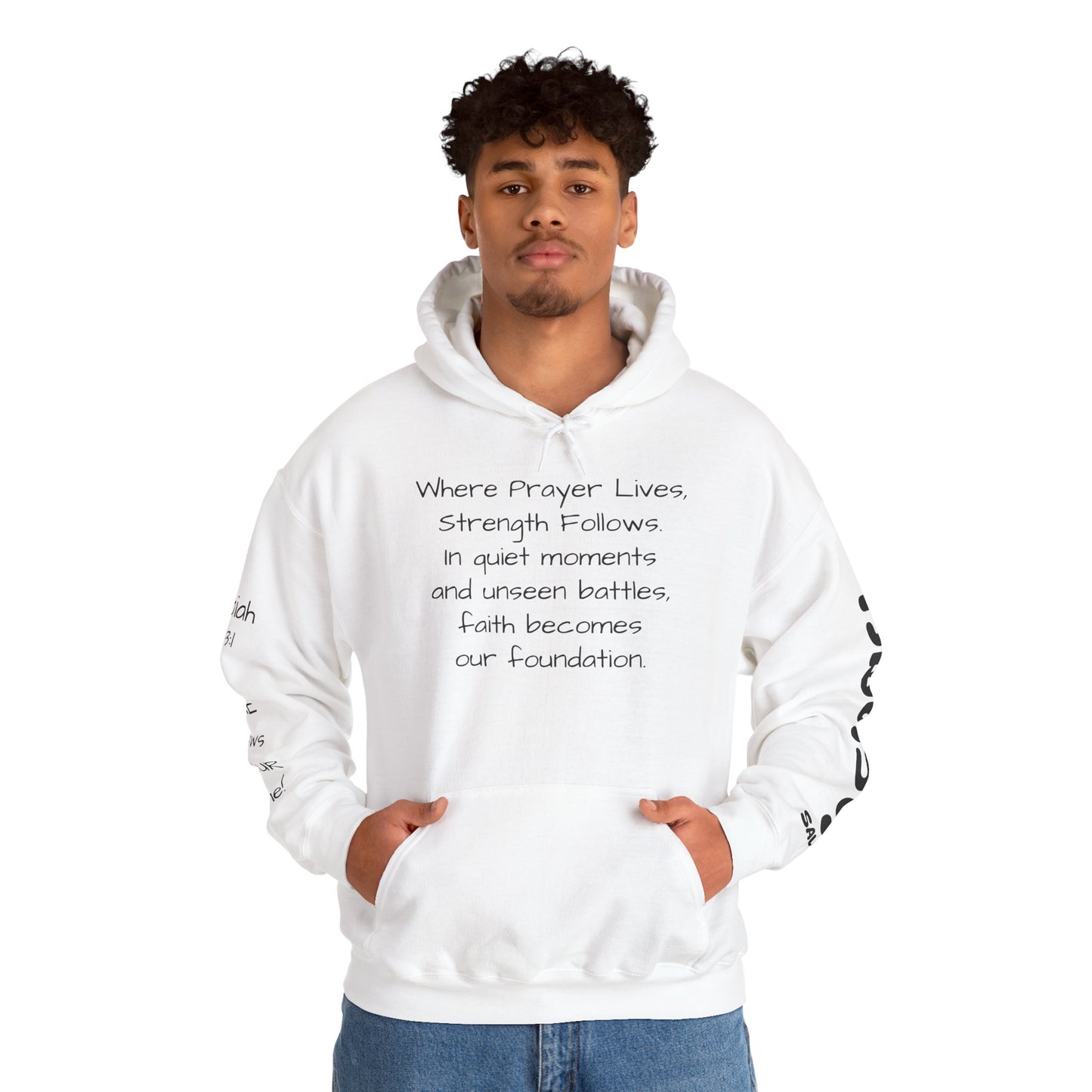 Strength Starts in Prayer Hoodie — Christian Cross Faith Sweatshirt ("Where Prayer Lives" Design)