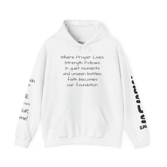 Strength Starts in Prayer Hoodie — Christian Cross Faith Sweatshirt ("Where Prayer Lives" Design)