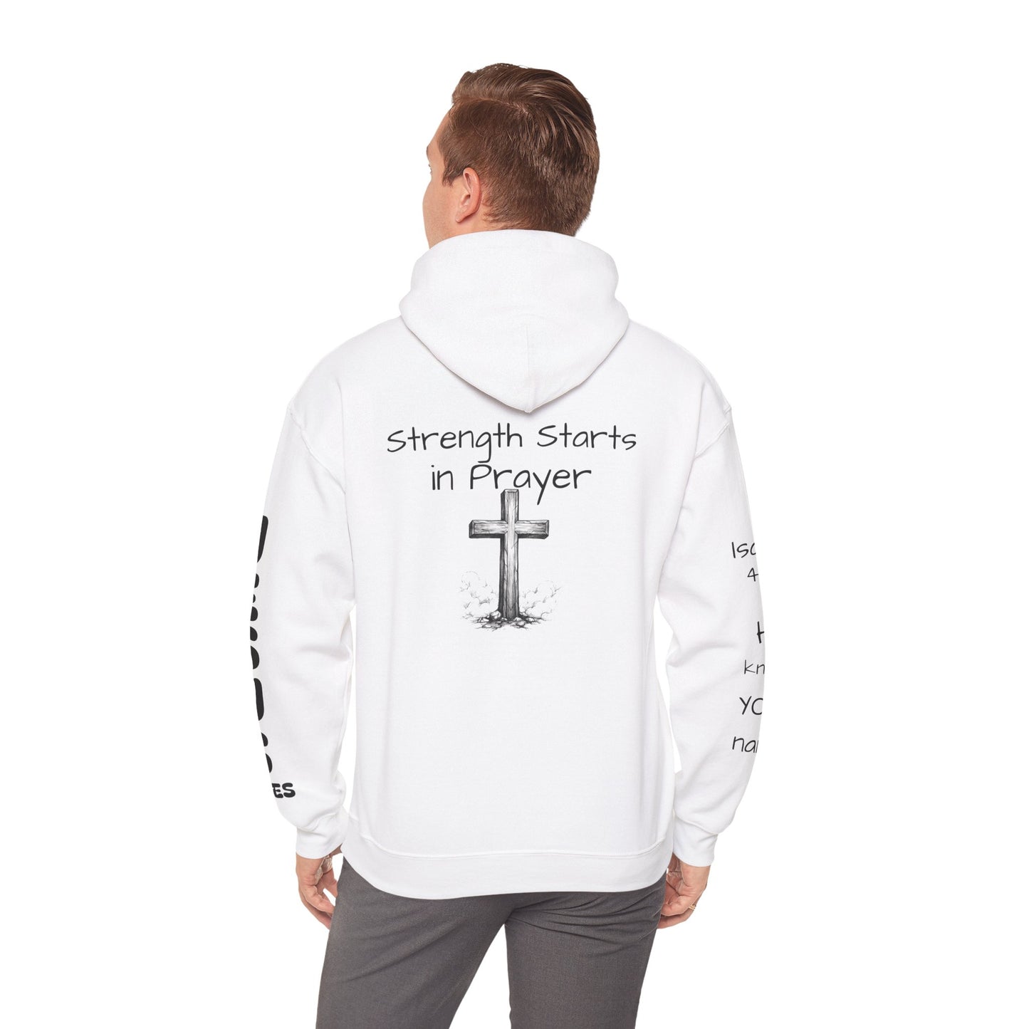 Strength Starts in Prayer Hoodie — Christian Cross Faith Sweatshirt ("Where Prayer Lives" Design)